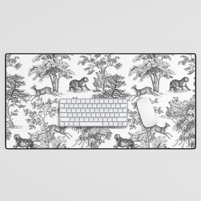 Toile de Jouy Vintage French Exotic Jungle Black & White Desk Mat Gallery Image 1