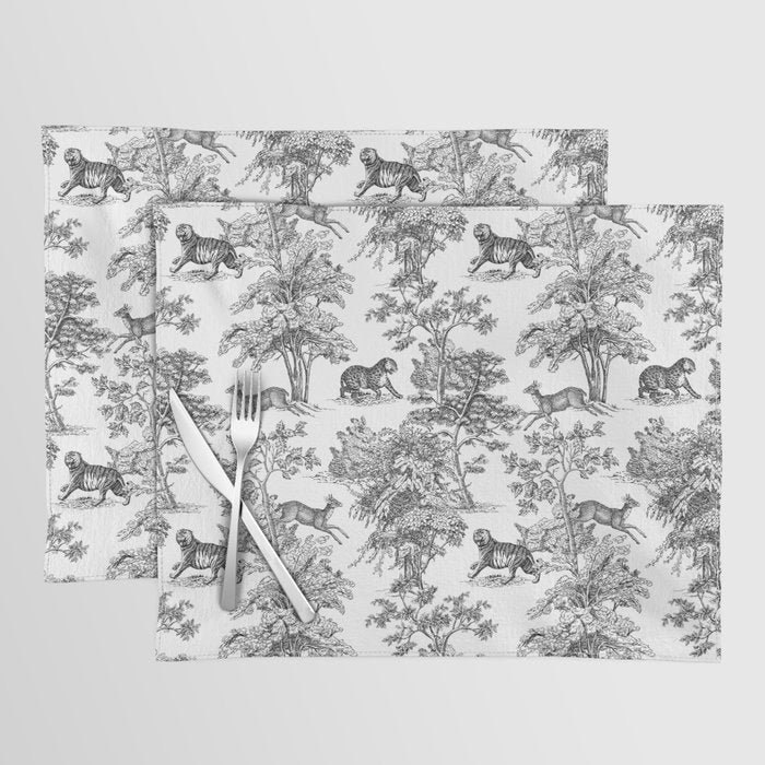 Toile de Jouy Vintage French Exotic Jungle Black & White Placemat Gallery Image 1