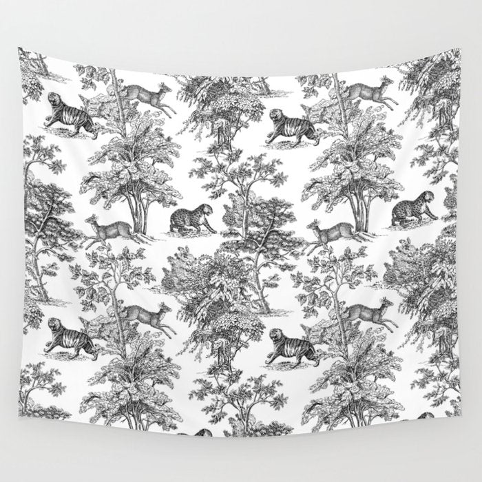 Toile de Jouy Vintage French Exotic Jungle Black & White Wall Tapestry Gallery Image 4