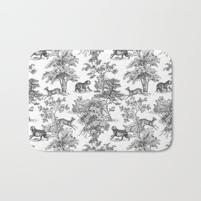 Toile de Jouy Vintage French Exotic Jungle Black & White Bath Mat Gallery Image 1