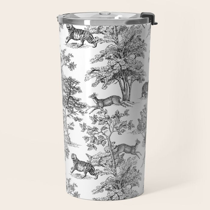 Toile de Jouy Vintage French Exotic Jungle Black & White Travel Mug Gallery Image 2