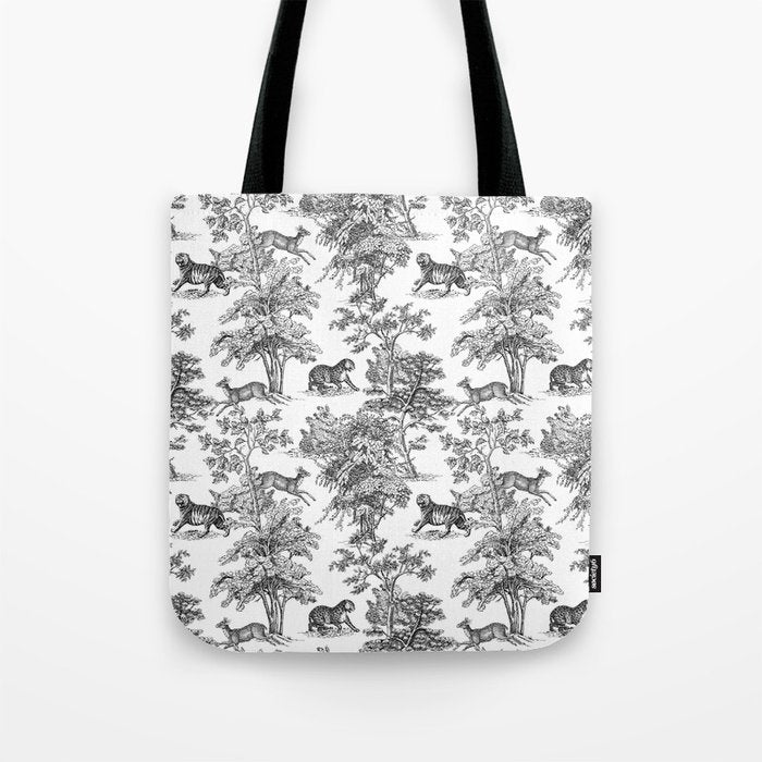 Toile de Jouy Vintage French Exotic Jungle Black & White Tote Bag Gallery Image 1