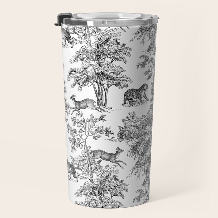 Toile de Jouy Vintage French Exotic Jungle Black & White Travel Mug Gallery Image 3