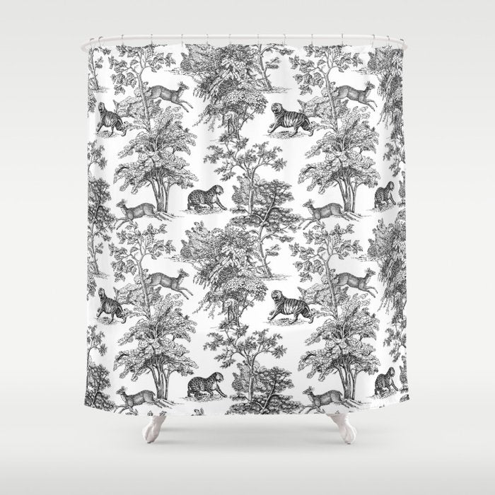 Toile de Jouy Vintage French Exotic Jungle Black & White Shower Curtain Gallery Image 1