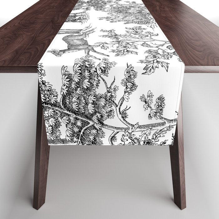 Toile de Jouy Vintage French Exotic Jungle Black & White Table Runner Gallery Image 1