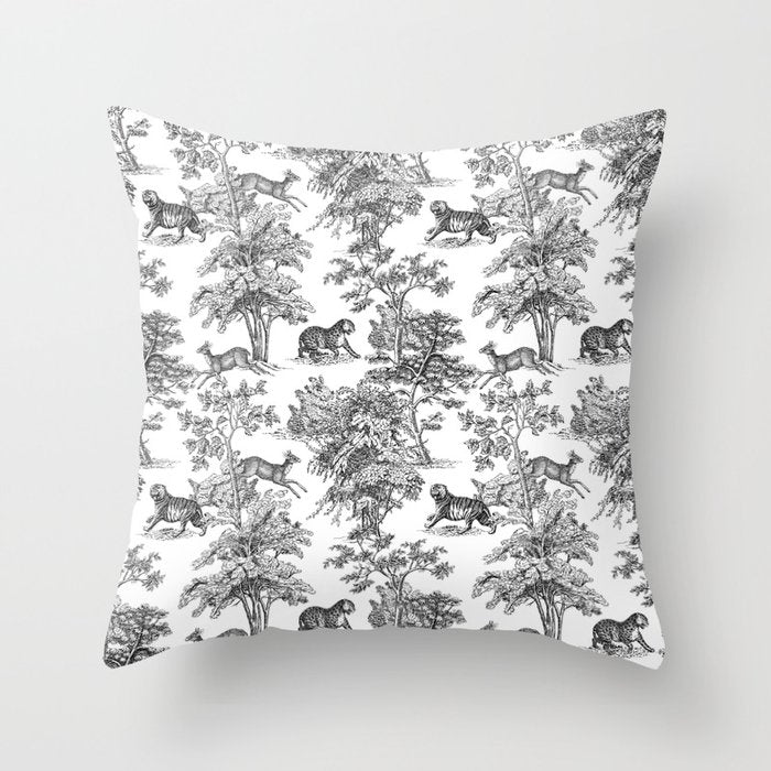 Toile de Jouy Vintage French Exotic Jungle Black & White Throw Pillow Gallery Image 1