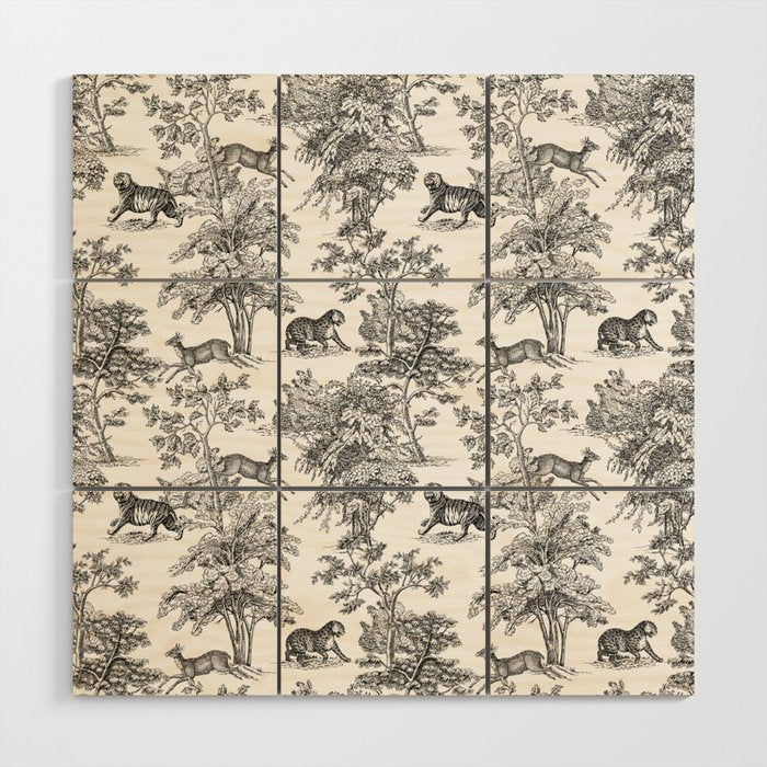 Toile de Jouy Vintage French Exotic Jungle Black & White Wood Wall Art Gallery Image 1