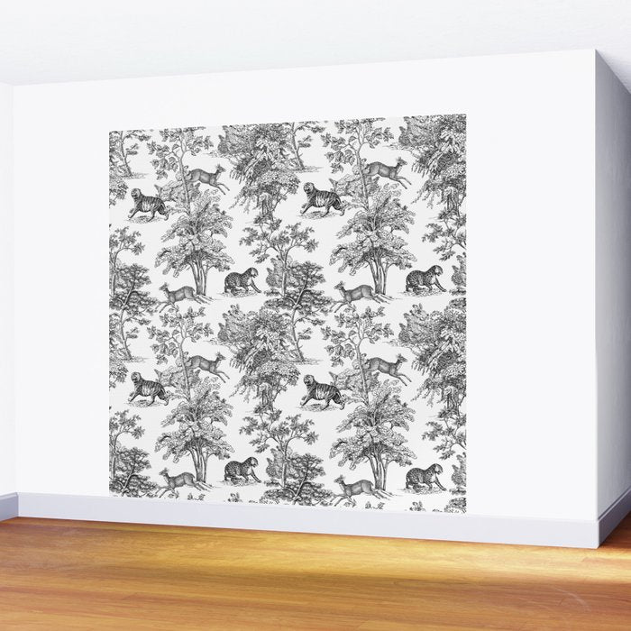 Toile de Jouy Vintage French Exotic Jungle Black & White Wall Mural Gallery Image 2