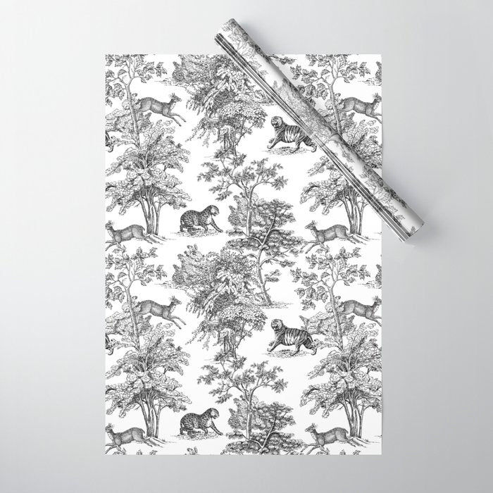 Toile de Jouy Vintage French Exotic Jungle Black & White Wrapping Paper Gallery Image 1