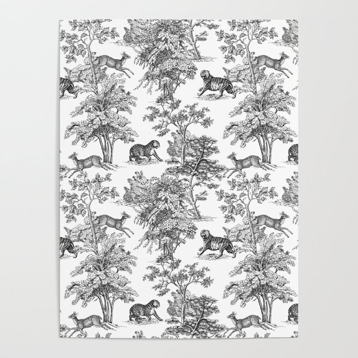 Toile de Jouy Vintage French Exotic Jungle Black & White Poster Gallery Image 4