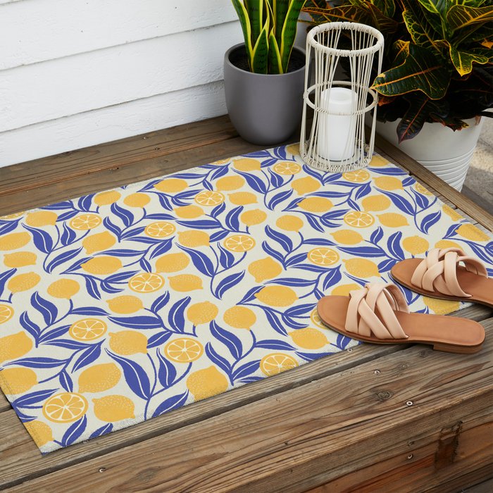 Lemon Orchard - blue and yellow Outdoor Rug Gallery Image 2