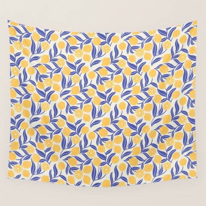 Lemon Orchard - blue and yellow Wall Tapestry Gallery Image 4