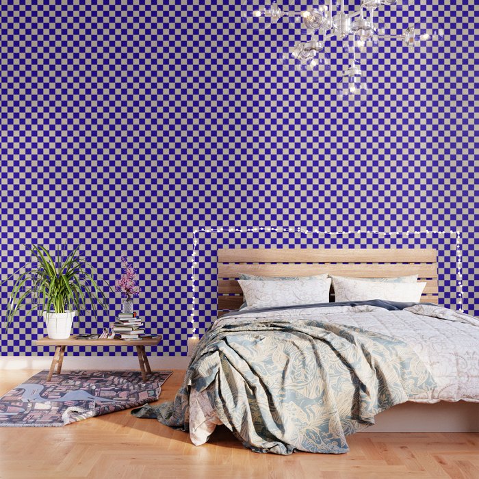 Checkerboard Check Pattern in Cobalt Blue and Beige Wallpaper Gallery Image 3