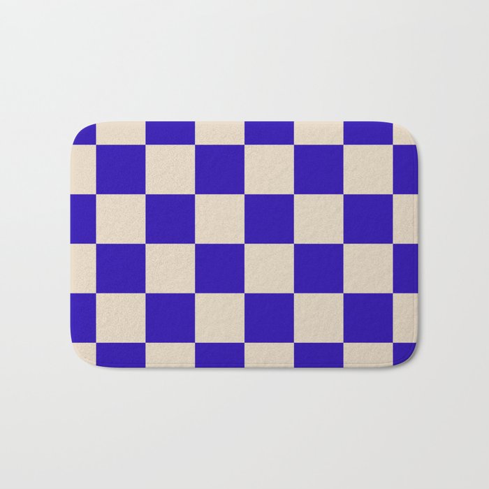 Checkerboard Check Pattern in Cobalt Blue and Beige Bath Mat Gallery Image 1