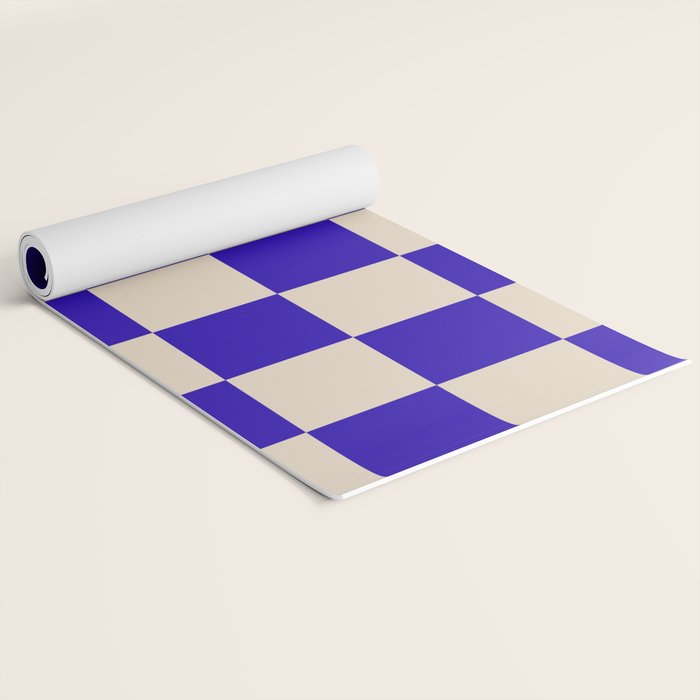 Checkerboard Check Pattern in Cobalt Blue and Beige Yoga Mat Gallery Image 2