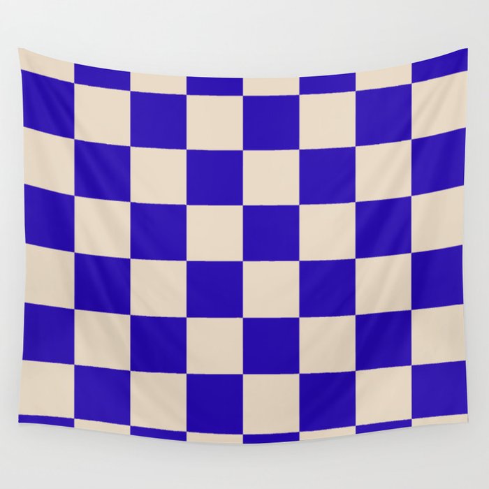 Checkerboard Check Pattern in Cobalt Blue and Beige Wall Tapestry Gallery Image 4