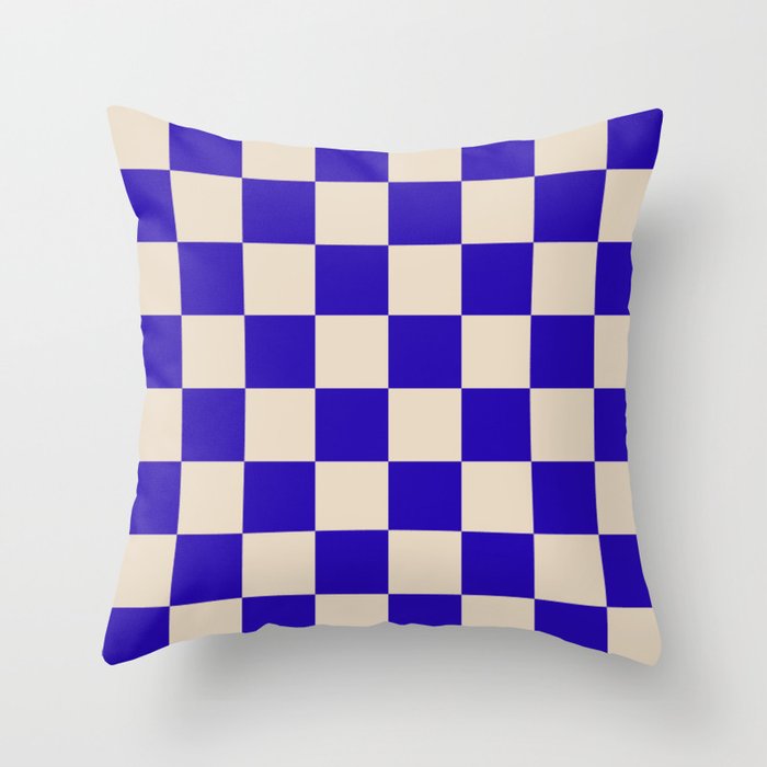 Checkerboard Check Pattern in Cobalt Blue and Beige Throw Pillow Gallery Image 1