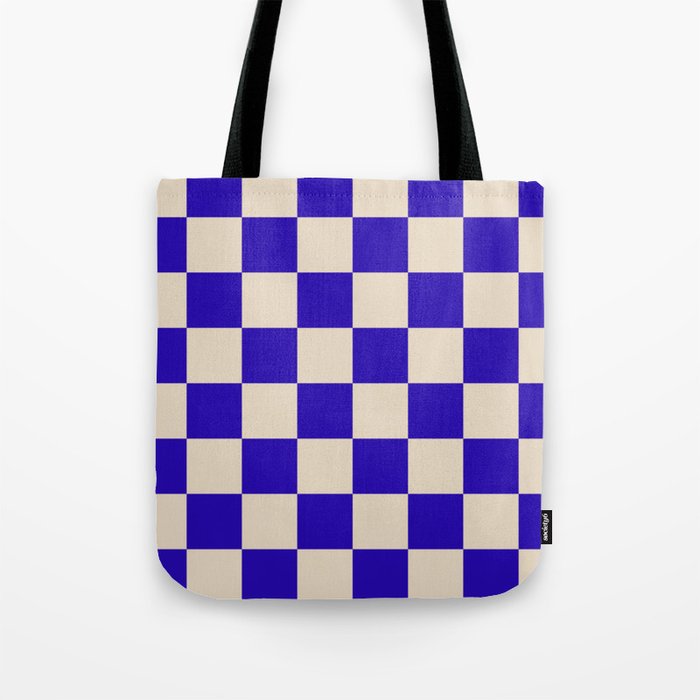 Checkerboard Check Pattern in Cobalt Blue and Beige Tote Bag Gallery Image 1