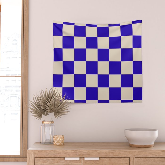 Checkerboard Check Pattern in Cobalt Blue and Beige Wall Tapestry Gallery Image 2