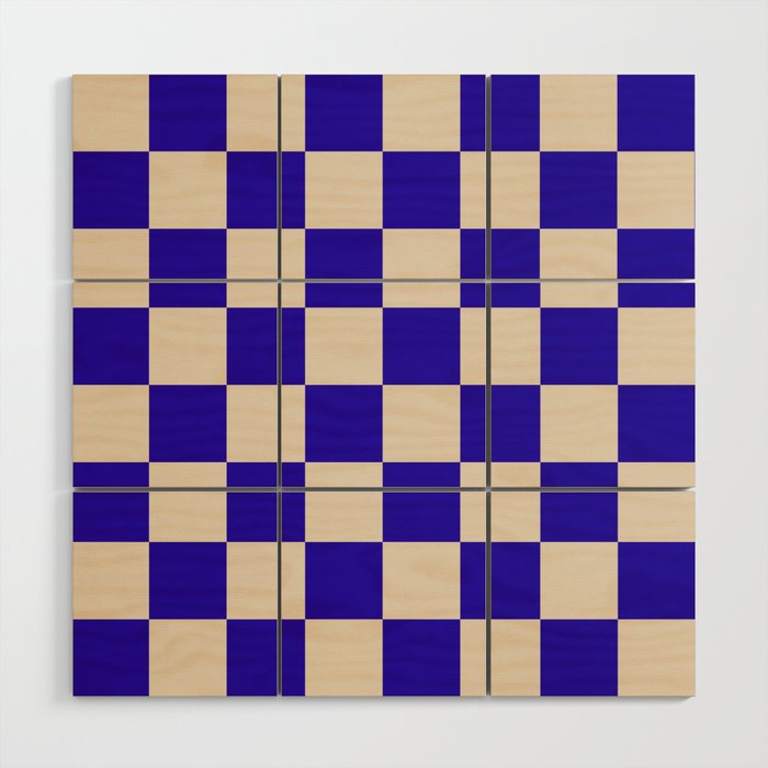 Checkerboard Check Pattern in Cobalt Blue and Beige Wood Wall Art Gallery Image 1