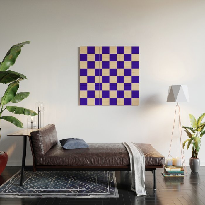 Checkerboard Check Pattern in Cobalt Blue and Beige Wood Wall Art Gallery Image 2