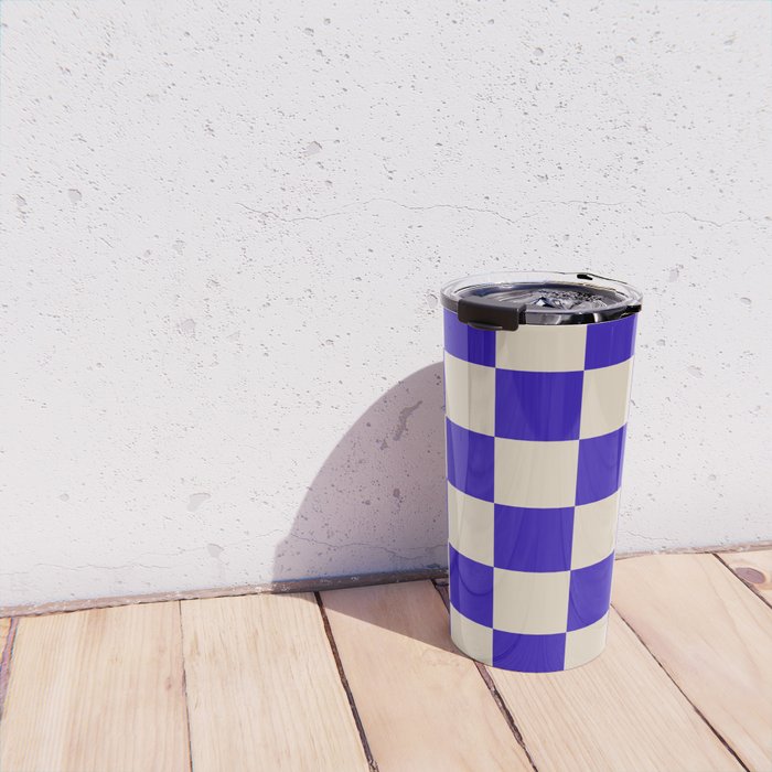 Checkerboard Check Pattern in Cobalt Blue and Beige Travel Mug Gallery Image 4