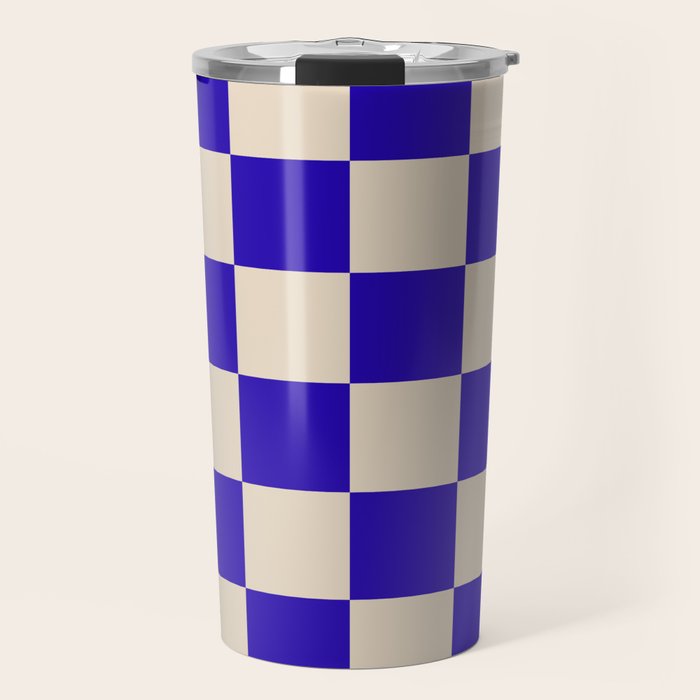 Checkerboard Check Pattern in Cobalt Blue and Beige Travel Mug Gallery Image 1