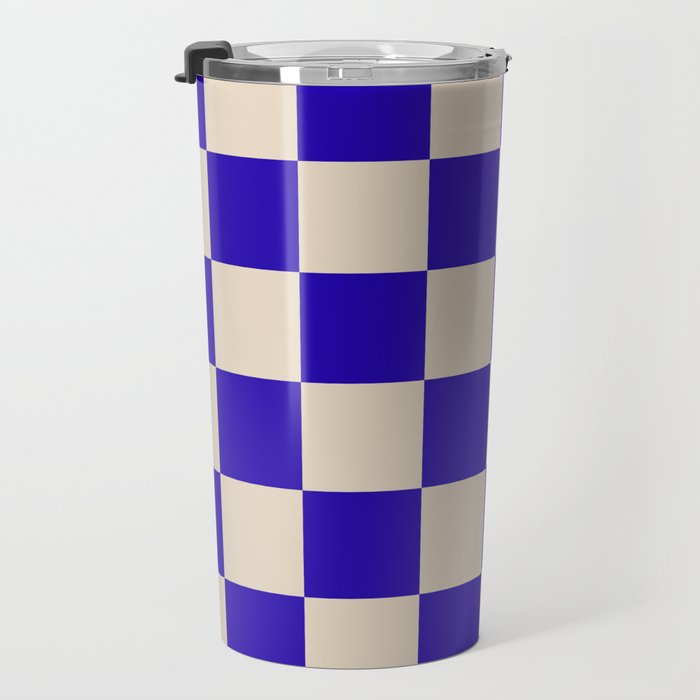 Checkerboard Check Pattern in Cobalt Blue and Beige Travel Mug Gallery Image 3