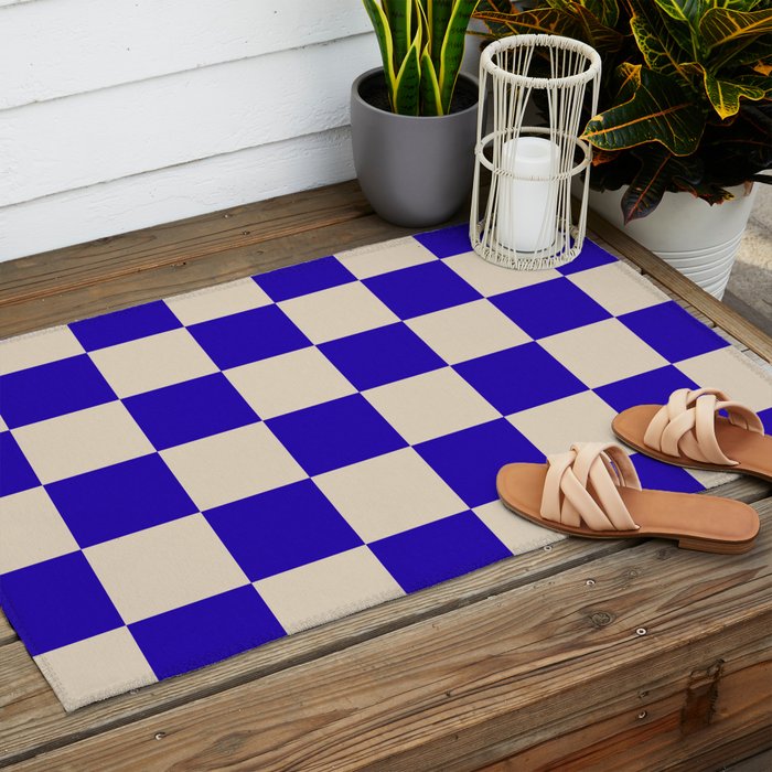Checkerboard Check Pattern in Cobalt Blue and Beige Outdoor Rug Gallery Image 2