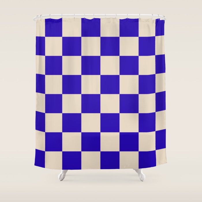 Checkerboard Check Pattern in Cobalt Blue and Beige Shower Curtain Gallery Image 1