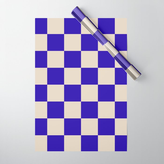 Checkerboard Check Pattern in Cobalt Blue and Beige Wrapping Paper Gallery Image 1