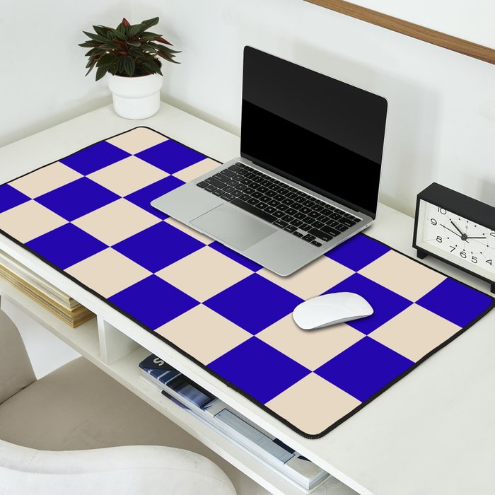 Checkerboard Check Pattern in Cobalt Blue and Beige Desk Mat Gallery Image 2