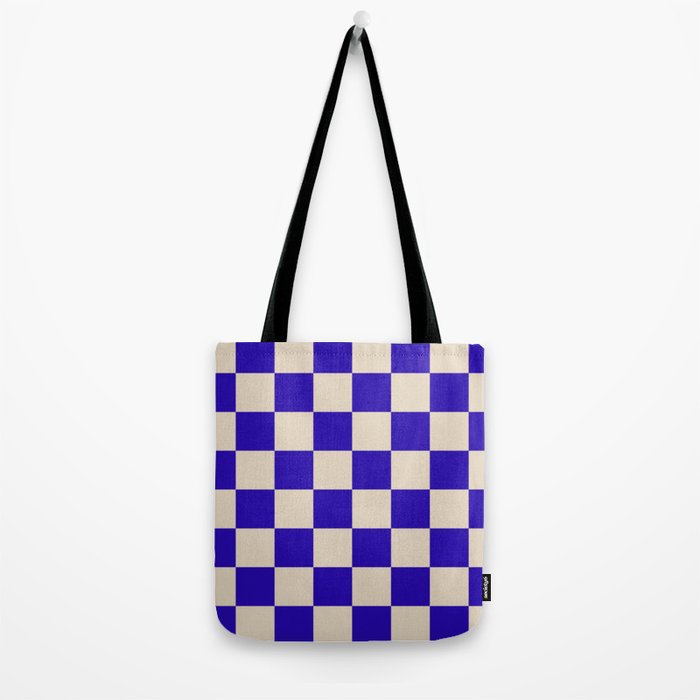 Checkerboard Check Pattern in Cobalt Blue and Beige Tote Bag Gallery Image 2