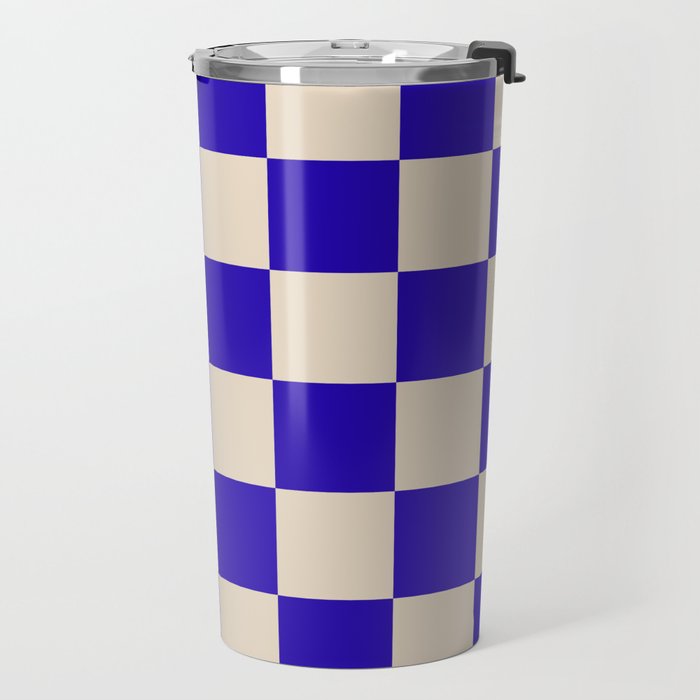 Checkerboard Check Pattern in Cobalt Blue and Beige Travel Mug Gallery Image 2
