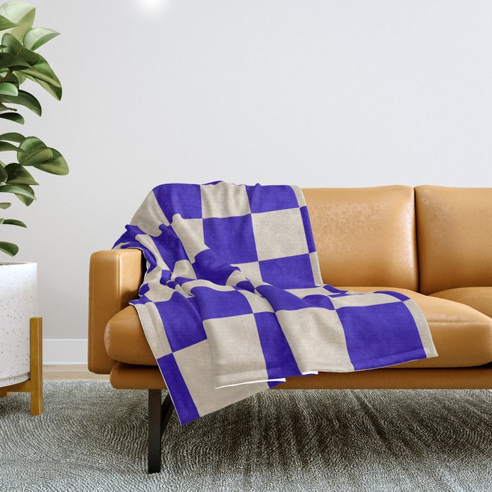 Checkerboard Check Pattern in Cobalt Blue and Beige Throw Blanket Gallery Image 1