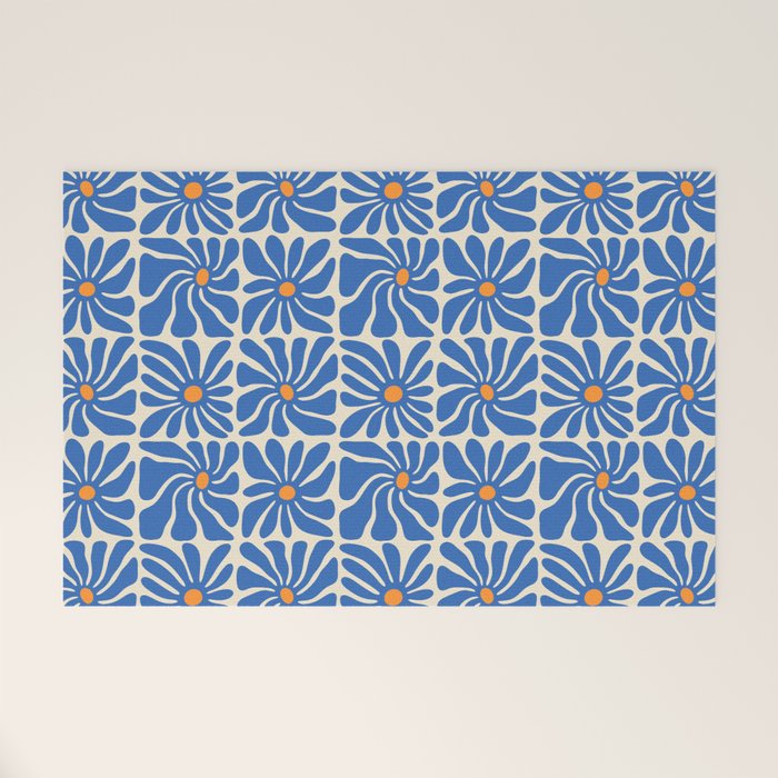 Vintage blue flower art pattern Welcome Mat Gallery Image 1