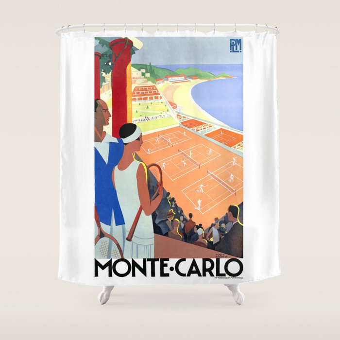 1930 MONTE CARLO Tennis Monaco Travel Poster Shower Curtain Gallery Image 1