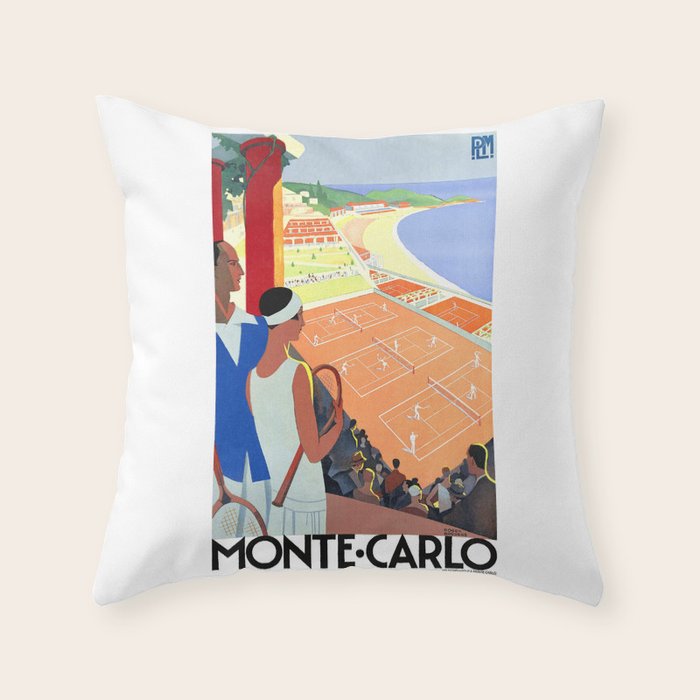 1930 MONTE CARLO Tennis Monaco Travel Poster Throw Pillow Gallery Image 6