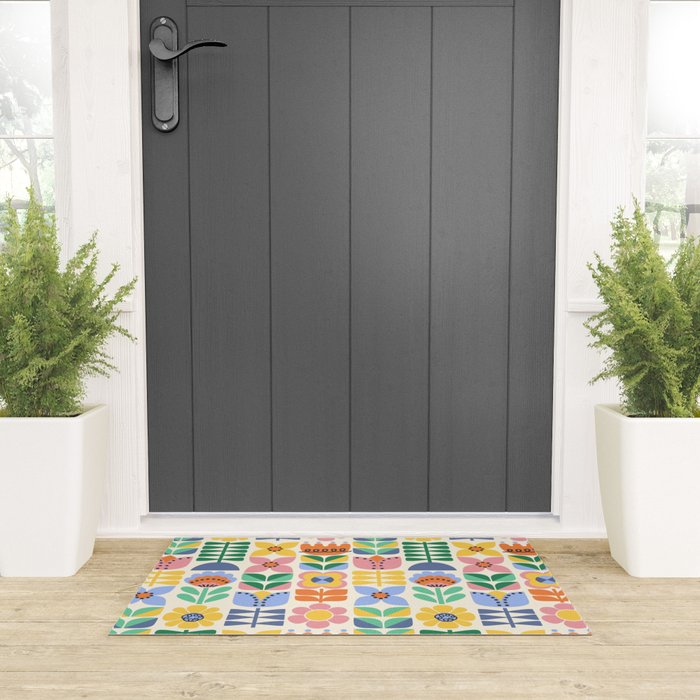 Retro Folk and Floral Colorful Pastel Flower Grid Cream Welcome Mat Gallery Image 3