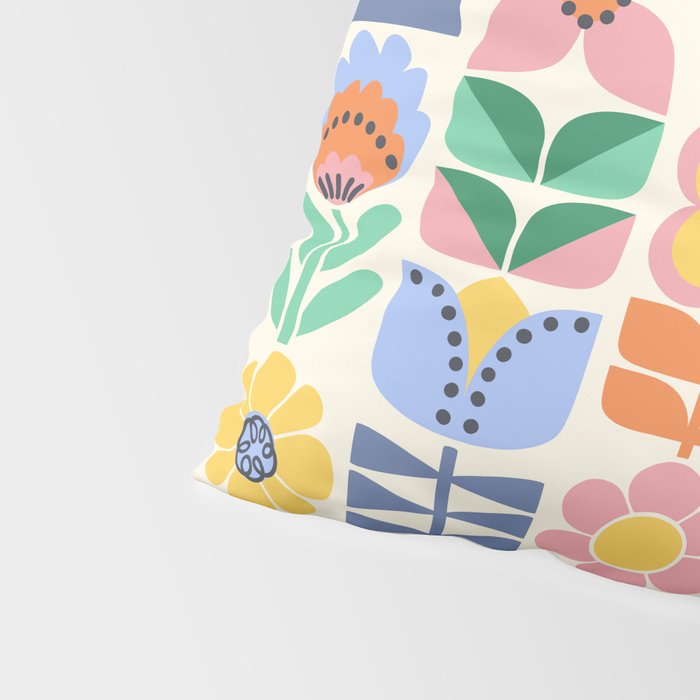 Retro Folk and Floral Colorful Pastel Flower Grid Cream Pillow Sham Gallery Image 4