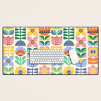 Retro Folk and Floral Colorful Pastel Flower Grid Cream Desk Mat Gallery Image 1