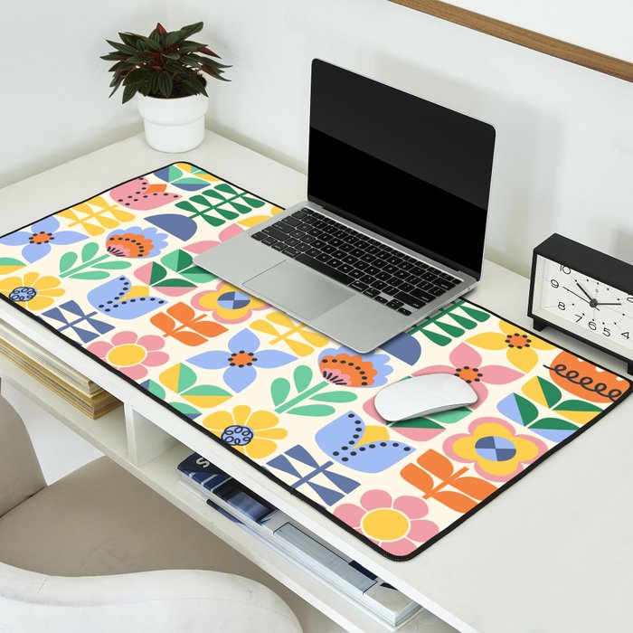 Retro Folk and Floral Colorful Pastel Flower Grid Cream Desk Mat Gallery Image 2