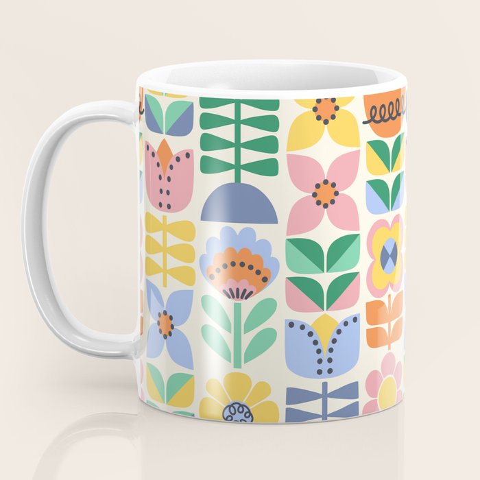 Retro Folk and Floral Colorful Pastel Flower Grid Cream Coffee Mug Gallery Image 3