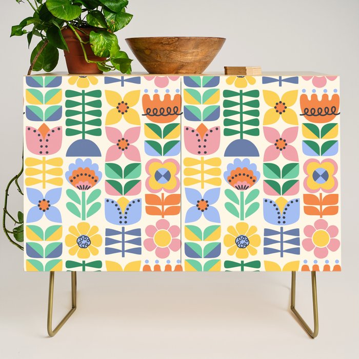 Retro Folk and Floral Colorful Pastel Flower Grid Cream Credenza Gallery Image 1