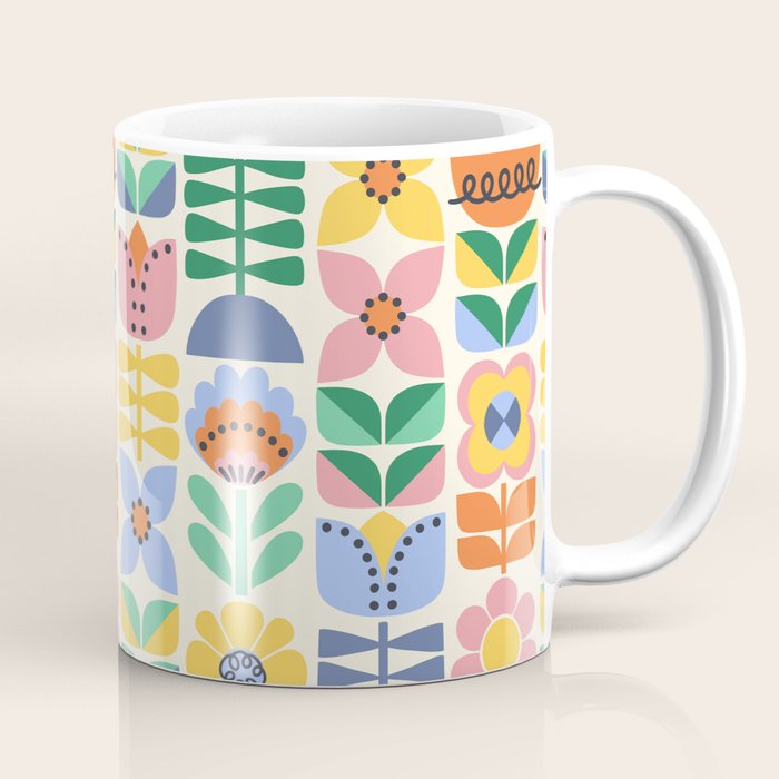 Retro Folk and Floral Colorful Pastel Flower Grid Cream Coffee Mug Gallery Image 1
