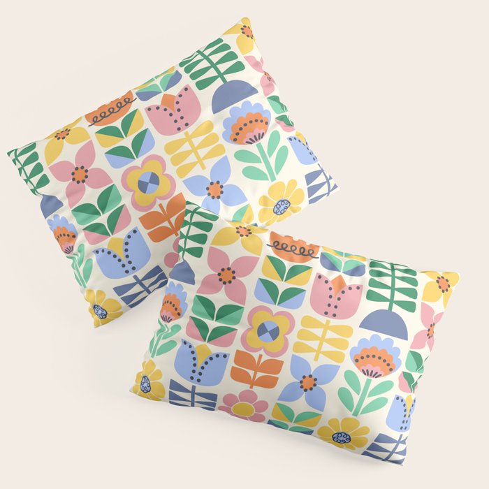 Retro Folk and Floral Colorful Pastel Flower Grid Cream Pillow Sham Gallery Image 1