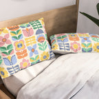 Retro Folk and Floral Colorful Pastel Flower Grid Cream Pillow Sham Gallery Image 2