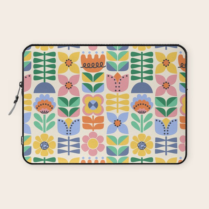 Retro Folk and Floral Colorful Pastel Flower Grid Cream Laptop Sleeve Gallery Image 1