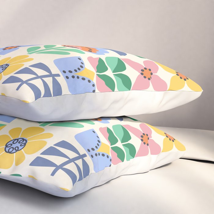 Retro Folk and Floral Colorful Pastel Flower Grid Cream Pillow Sham Gallery Image 3