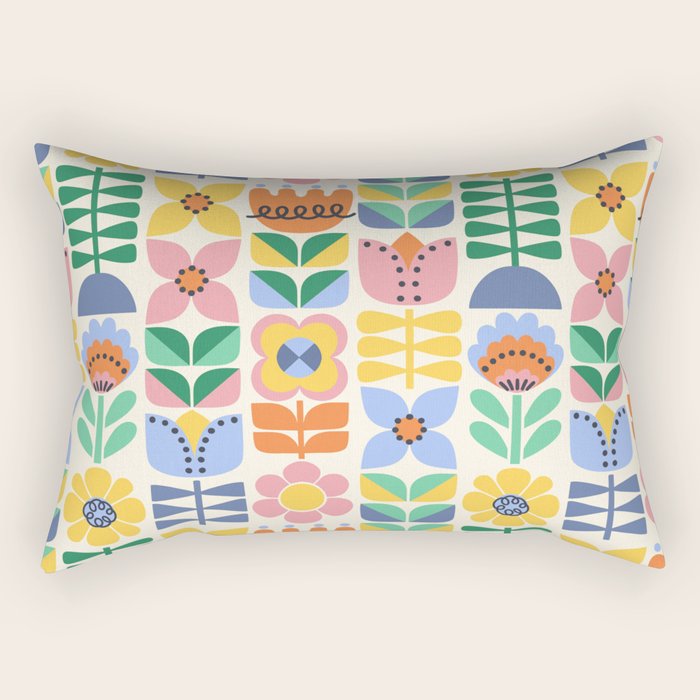 Retro Folk and Floral Colorful Pastel Flower Grid Cream Rectangular Pillow Gallery Image 1